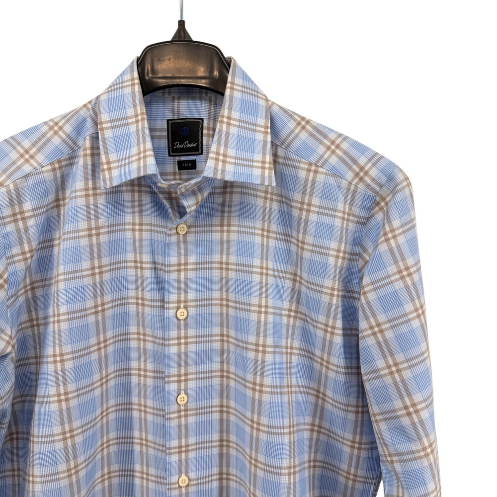 David Donahue Dress Shirt Mens 16 32/33 Pre-Owned Trim Fit Plaid Blue 100%Cotton